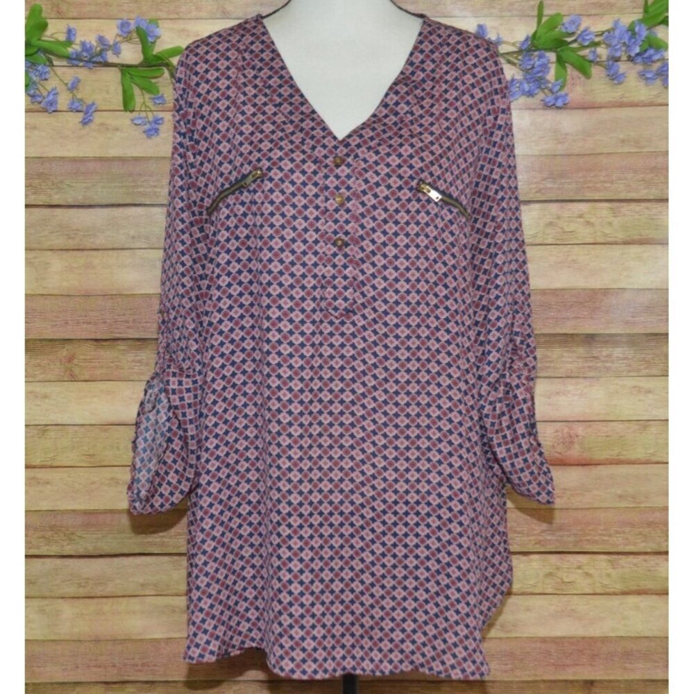 Rue + Women's V-Neck Blouse 2X 3/4 Roll Tab Sleeves Zip Up Faux Pockets Tunic